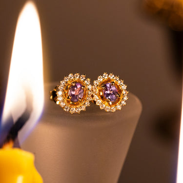 0.36ctw natural alexandrite stud earrings in 18k yellow gold with diamond halo